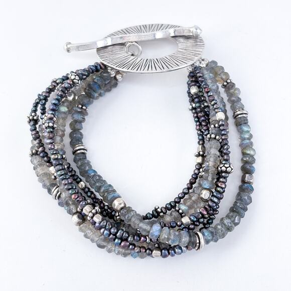 Vintage Artisan Sterling Silver 925 Labradorite Pearl Multi-Strand Bracelet 7" - Picture 7 of 8